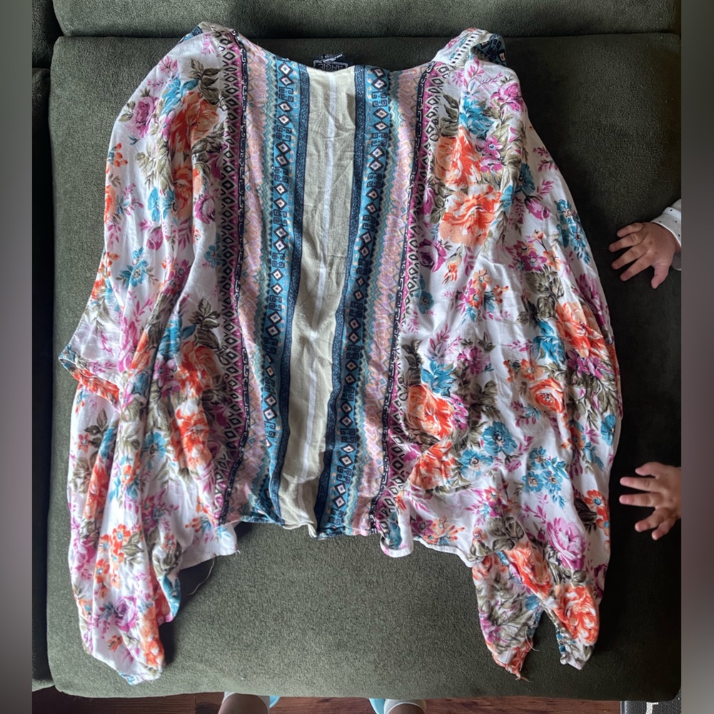 Angie Floral Kimono Large Blue Coral Pink Boho Beach Cover Up Resort Coastal EUC - Picture 6 of 7